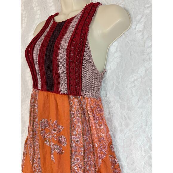 Free People Katie Crochet Mini Dress Red Pink Knit Orange Bandana Skirt Boho XS - Picture 6 of 16